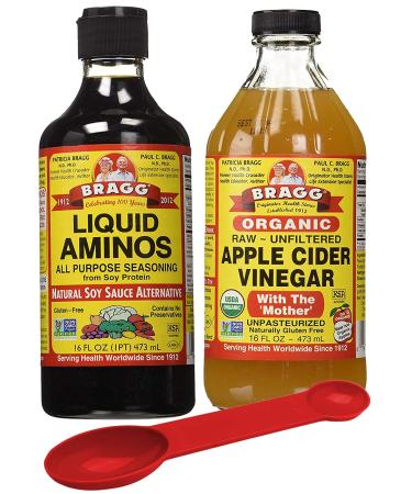 Bragg's Health Variety Pack: Bragg Organic Liquid Aminos 16 oz + Bragg's Apple Cider Vinegar Organic Raw Unfiltered, 16 Oz with Bonus Measuring Spoon