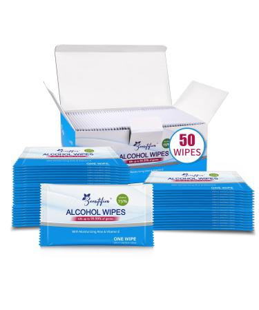 Beautifier Life Hand Sanitizing Wipes - 50 Individually Wrapped Antibacterial Sanitizing Wipes with 75% Alcohol Aloe Moisturizer & Vitamin E for for On-the-Go Use Travel Home Office & School Aloe Vera 50 Count (Pack...