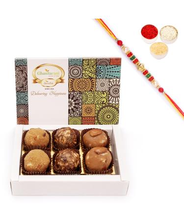 Ghasitaram Gifts Jaiccha Rakhi Gifts for Brothers - Assorted laddoos Box 6 Pcs with Pearl Beads Rakhi