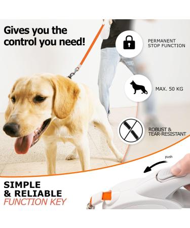 Bluzelle 8m Long Dog Leash for Dogs up to 50kg - Flexible Neon-Orange Reflector Belt with 360 Carabiner Hook Ergonomic Gray Handle & Catchment Brake - Buy Online on SooperMarket.com