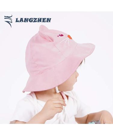 LANGZHEN Baby Girls Beach Sun Hat with Chin Strap - Pink Cat Design | Adjustable Toddler Kids Wide Brim Summer Play Hat - 6-12 Months - Buy Online on SooperMarket.com