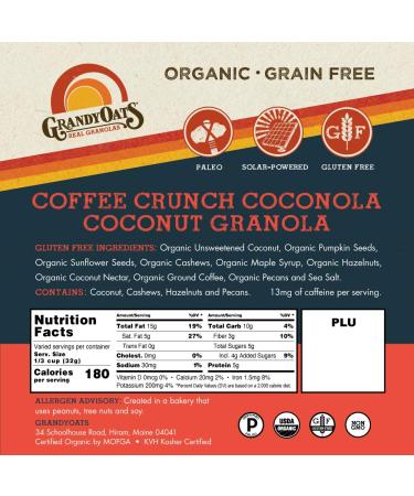 GrandyOats Coconola Gluten Free Granola - Organic, Non-GMO, Paleo, Low Carb & Sugar (Coffee Crunch, 1 Pack) - Buy Online on SooperMarket.com