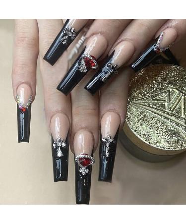 MISUD Press on Nails Long Coffin Fake Nails with Punk Designs Black French Tip Ballerina Acrylic Nails Glossy Glue on Nails 24 pcs Rhinestone False Nails 01-N1