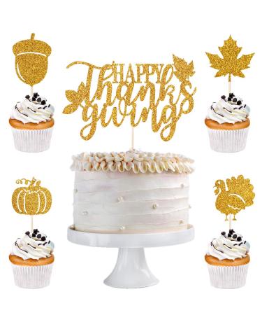 Qertesl 25PCS Thanksgiving Cupcake Toppers Turkey Maple Pumpkin Fall Themed Cake Topper Thanksgiving Party Cake Decorating Harvest Season Cake Decorating Cupcake Dessert Picks Gold4