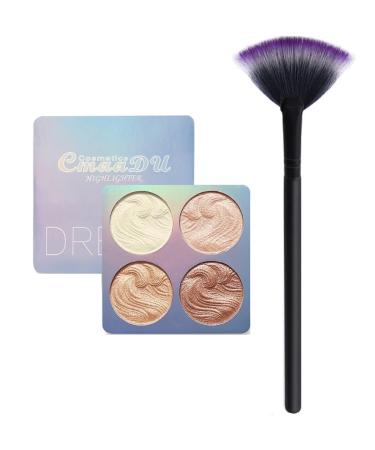 4 Colours Baked Powder Highlighter n Bronzing Palette + LyDia Small Black Fan Cheek/Blending/Contour/Highlighter/Bronzer/Dust Makeup Brush