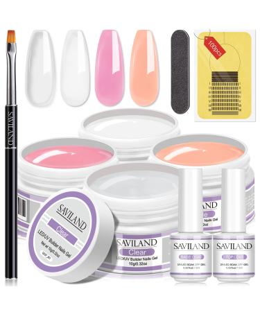 Saviland Builder Nail Gel Kit - 4 Colors Clear Nudes White Pink Hard Gel for Nail Strengthen Nail Extension Gel Kit with 100PCS Nail Forms and Acrylic Nail Brush for Beginners & Professionals 4 Colors Builder Nail Gels Kit