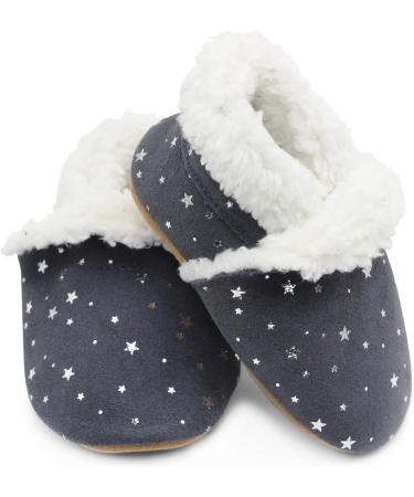 Dotty Fish Suede Baby Slippers | Warm Fleece Lined Infant Toddler Shoes | Non-Slip Soft Sole Boys Girls | Silver Stars 0-6 Months - 5-6 Years - Buy Online on SooperMarket.com