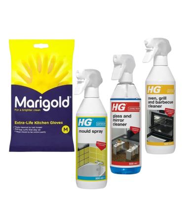 Marigold & HG Cleaner 500ml Bundle Oven Grill&BBQ Cleaner Spray Glass & Mirror Cleaner and Mould Spray with Gloves (M) Powerful Cleaning Solution for a Sparkling Home