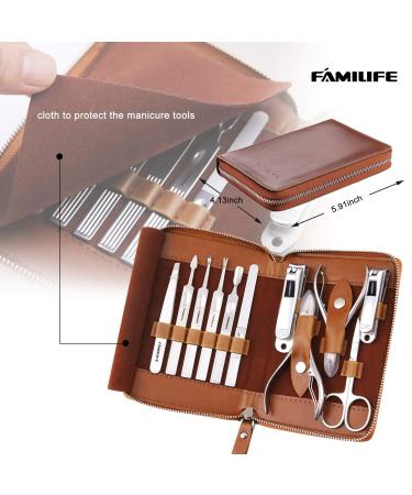 FAMILIFE Professional 11-in-1 Manicure Set with Brown Leather Travel Case - Stainless Steel Nail Clippers & Pedicure Tools Kit for Men - Luxury Grooming Gift - Buy Online on SooperMarket.com