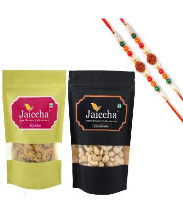 Jaiccha Ghasitaram Rakhi Gifts for Brothers Rakhi Dryfruits - Cashews 200 GMS and Raisins 200 GMS Pouches with 2 Rudraksh Rakhis 400 gms
