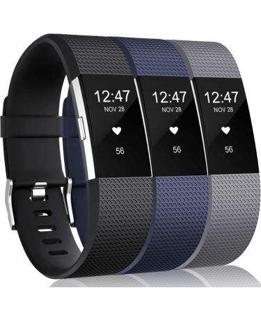 Wepro Bands Compatible with Fitbit Charge 2 HR, 3-Pack Adjustable Wrist Replacement Band for Women Men Black/Gray/Navy Blue Large