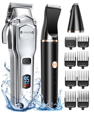 oneisall Dog Clippers and Dog Paw Trimmer 2 in 1 Kit Professional for Thick Hair Low Noise Cordless Dog Grooming Kit with Stainless Steel Blade Pet Shaver Trimmer for Dogs Cats Waterproof Black silver