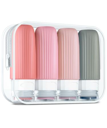 Gemice silicone travel bottles set 60ml 4 pieces of travel bottles to fill hand luggage liquids leak-proof cosmetic bottles for filling travel container bpa-free FDA approved (pink)