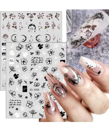 Retro Flower Nail Art Stickers - 12 Sheets Self-Adhesive Decals for DIY Nail Design - Vintage Floral Vine Letters in Black and White - Nail Supplies for Women - Buy Online on SooperMarket.com
