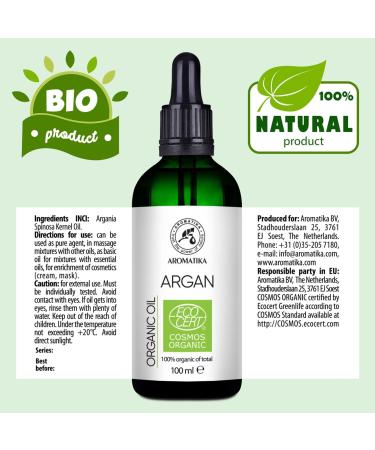 Argan Oil Organic 100ml - Argania Spinosa - Argan Oil - Cold Pressed - 100% Natural - Argan Oil in Light Protection Glass Bottle - Skin Care - Hair Care - Organic Oil for Hair and Skin - Beauty - Buy Online on SooperMarket.com