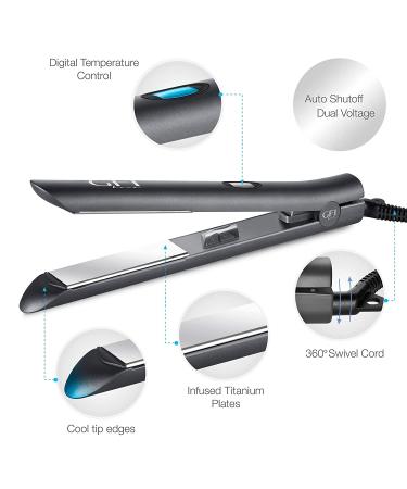 GFI Titanium Flat Iron Hair Straightener with Turbo Heating Element - Adjustable Temperature Control for All Hair Types - Includes Pouch and Heat-Resistant Glove - Buy Online on SooperMarket.com