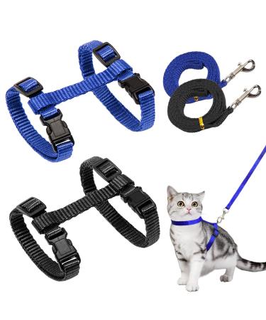 2 pieces of adjustable nylon whirring cat leash harness cat leash kitten neck band blue soft cat dishes with leash for kitten puppy rabbits rabbit black + blue