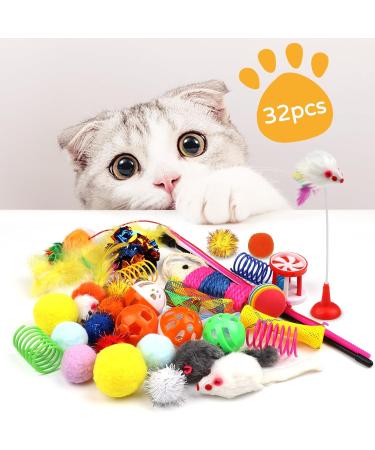 QUOZUO Cat Toys Kitten Toys Assortments 32 Packs Interactive Cat Toy Variety Pack for Kitty Cat Wand toy Cat Crinkle Balls with Bells Cat Spring Toy Catnip Toys for Indoor Cats Kittens - Buy Online on SooperMarket.com