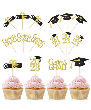 12Pcs Graduation Cake Topper Gold and Black Glitter Class Cupcake Toppers Cupcake Picks Cake Picks Cake Insert Topper Cake Insertion Card Grad Cap Diploma for 2023 Graduation Theme Party Cake