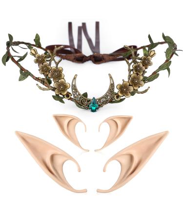 MOSTORY Elf Ears with Wood Leaf Crown Headpiece for Cosplay Peach Flower Fairy Circlet Headband and 2 Pairs Soft Pointed Elf Ears Moon Crystal Tiara Costume Set Halloween Party Props