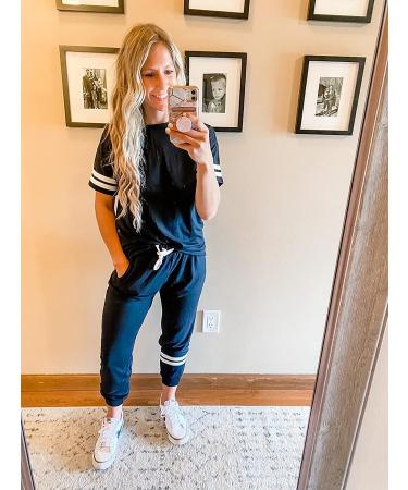 PRETTYGARDEN Women's Striped Two Piece Lounge Set | Short Sleeve Pullover & Long Pants Tracksuit | Black, X-Large - Buy Online on SooperMarket.com