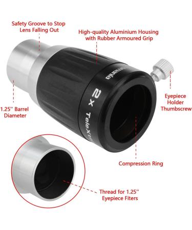Astromania 1.25 3-Elements 2X TeleXtender Premium Barlow Lens - Apochromatic Barlow Lens for Excellent Image Quality - Buy Online on SooperMarket.com
