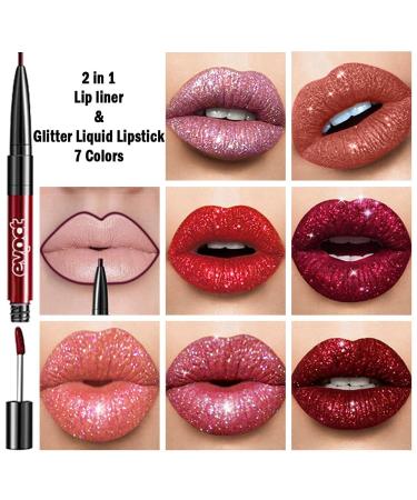 7Pcs Pink Red Glitter Matte Lip Liner and Liquid Lipstick Set Kit - Long Lasting Metallic Shades for Women - Buy Online on SooperMarket.com