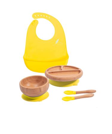 Love Earth - Bamboo Baby Weaning Set 5 Piece Baby Weaning Set Including Suction Plate Bowl Spoons and a Silicone Bib Eco-Friendly Weaning Set for Babies from 3 Months to 6 Years (Yellow)
