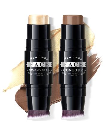 NewBang 2PCS Contour Highlighter Stick Cream Bronzer Foundation Pen Face Brighten Shade Makeup Highlighting Shaping Trimming Wand with Brush Blendable Waterproof Longwear for Body Cheek -Matte&Pearl #C10+#H03Bronze/Medium Brown+Sunkissed
