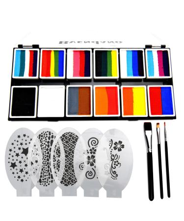 BVENDANO Professional Face Paint Makeup Split Cake Palette 12  10gm Water Actived, Non-Toxic One Stroke Rainbow Body & Face Painting Kit with 5 Stencils, 3 Brushes for Kids Adults