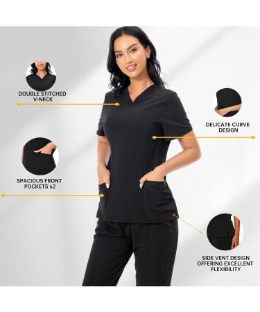 PuriPure Women's Classic V-Neck Scrub Set - Black, Size Medium | Nurse Scrub Set with 7 Pockets and Jogger Pants - Buy Online on SooperMarket.com