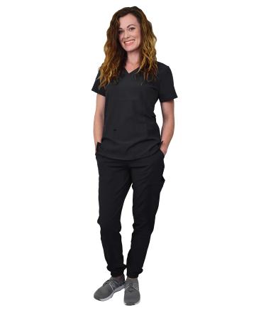Women's Jogger Scrub Set Medical Nursing GT 4FLEX Top and Pant Solid Colors and Prints Medium Black
