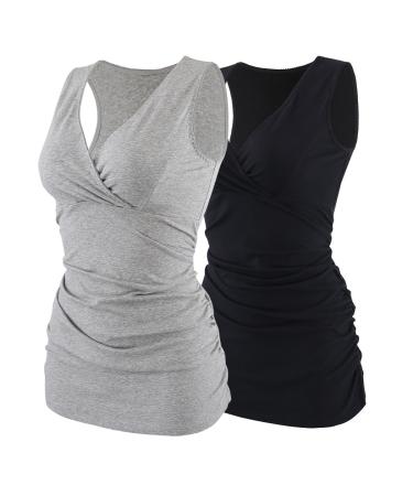 ZUMIY Maternity Nursing Top Pregnant Breastfeeding Shirt Women's Cotton V Neck Ruched Waist Double Layered Tank L Black+grey/2-pk