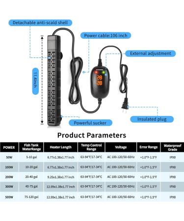 Hitauing Aquarium Heater 500W - Over Temperature Protection Auto Shutdown for Fresh & Saltwater (300-500L) - 50W/100W/300W Options Available - Buy Online on SooperMarket.com
