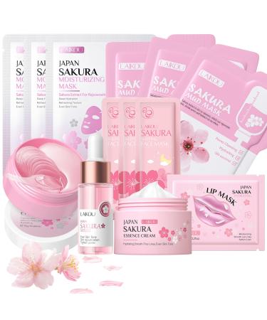 Skincare Set Japan Sakura Facial Skincare Set with Serum Cream Eye Mask Lip Mask Sleeping Mask Mud Mask Sheet Masks Gift Set for Teenage Girls Women Hydrating 13PCS