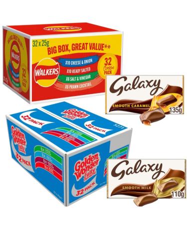 Golden Wonder Fully Flavoured Box And Walkers Box Cheese and Onion Salt and Vinegar Smoky Bacon Ready Salted Prawn Cocktails 32pkx25g Each Box/Total 64 Individual Bags With Galaxy Chocolate Bars