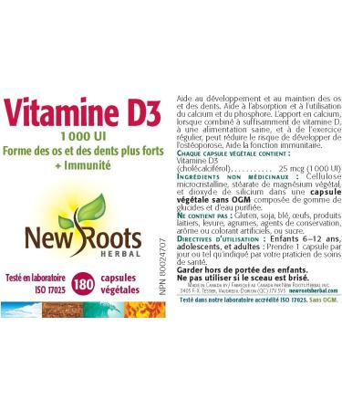 New Roots Herbal - Vitamin D3 1000 IU 180 Capsules - Helps in the Development and Maintenance of Bones and Teeth - Helps to Maintain and Support Immune Function - Buy Online on SooperMarket.com