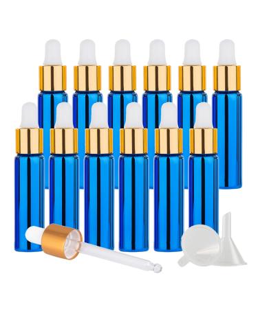 Tianzd 24 pieces 10 ml of empty chrome blue drip bottle Pipette bottles with glass pipette 10 ml of glass bottle with a drip pipette with gold screw cap for essential oils perfume oils blue 10 ml