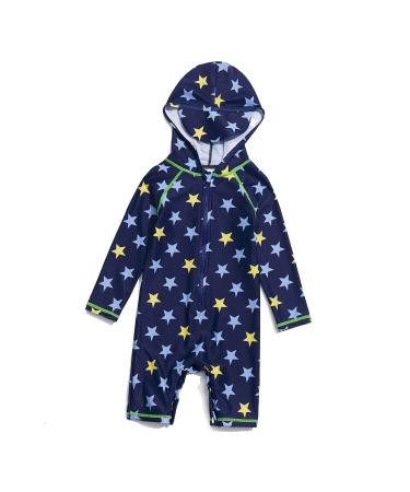 BONVERANO Baby Boys Swimsuit Toddler Bathing Suit Zip-up Full-Zip Hoodie One Piece Swimwear with UPF 50+ Sun Protection 18-24 Months Yellow Star