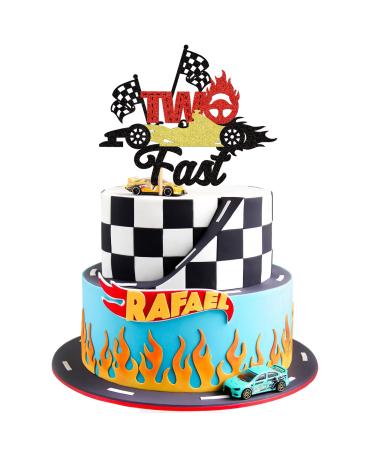 Cyodoos 1Pcs Two Fast Cake Topper Race Car Cake Decoration Racing Car Theme Race Car Theme 2nd Birthday Party Decoration Boy Girl Second Birthday Flag Sign Supplies