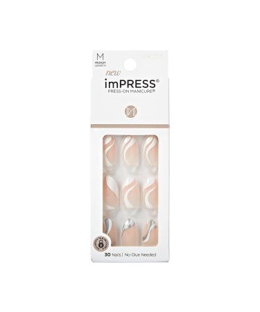 KISS imPRESS No Glue Mani Press On Nails Design 'On My Mind' White Medium Size Almond Shape Includes 30 Nails Prep Pad Instructions Sheet 1 Manicure Stick 1 Mini File Beige and White