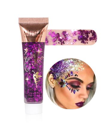 Body Glitter Gel Mermaid Glitter Gel Pieces Hair and Body Shimmer Painted Stage Makeup Highlight for Face Neck Eyes Dress Prom Party Holographic Cosmetic Laser Powder Festival Glitter Purple