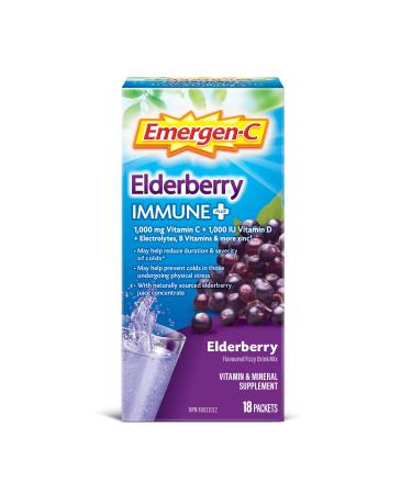 Emergen-C Vitamin C Powder Supplement Drink Mix with Electroyltes Immune Plus Elderberry 18 Packets