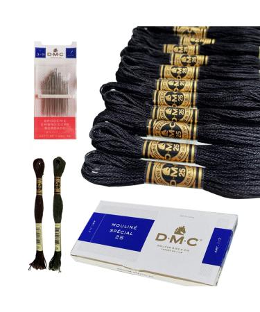 DMC Black Embroidery Floss 6 Strand Cotton Black Thread 12/Pack Bundle with1Skein of Each DMC Black Brown and DMC Black Avocado with a Set of DMC Cross Stitch Needles Black Premium String/Yarn