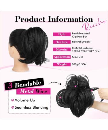 REECHO Black Messy Bun Hair Piece | Claw Clip Ponytail Extension with Bendable Metal Wire | Fake Bun Hair Piece for Women - Buy Online on SooperMarket.com