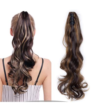 Silk-co 24 inches Claw on Hair Extensions Ponytail Clip in Pony Tail Long Hair Piece Wavy Curly Synthetic Chocolate Brown&Brown 24inch (Pack of 1) Chocolate Brown&Brown