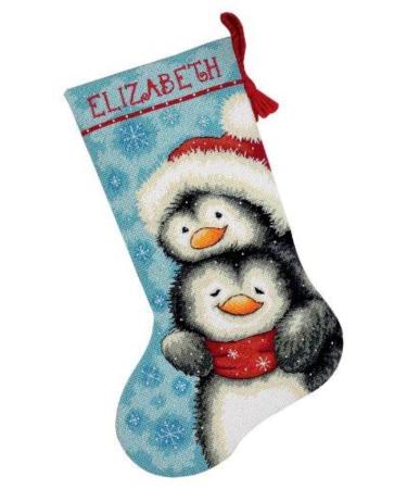 Dimensions Needlepoint Hugging Penguins Personalized Christmas Stocking Kit, Printed 12 Mesh Canvas, 16''