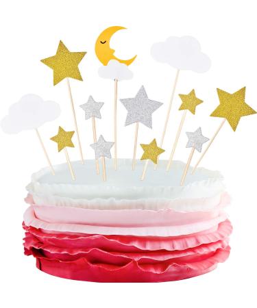 72 Pieces Glitter Star Moon Cupcake Toppers Moon Star White Clouds Cake Toppers Cake Decoration for Birthday Party Baby Shower Wedding Christmas Valentine's Day