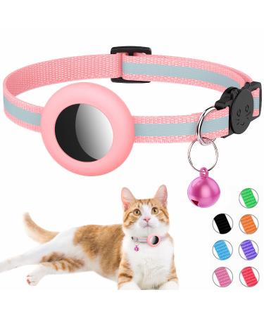 Airtag Cat Collar Reflective Air tag Cat Collar with Bell and Prefect Size Waterproof Airtag Holder Compatible with Apple Airtag Cat AirTag Collar with Breakaway Safety Buckle for Kitten Puppy pink