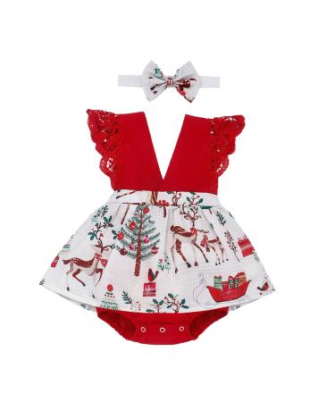OFIMAN Baby Girl Romper Dress Infant Clothes Set Newborn Lace Floral Outfit Overall Bodysuit Backless Sunflower Summer Dresses 12-18 Months Christmas Elk